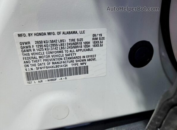 5FNYF6H4XLB014134 2020 HONDA PILOT White ძრავის განყოფილების ხედი