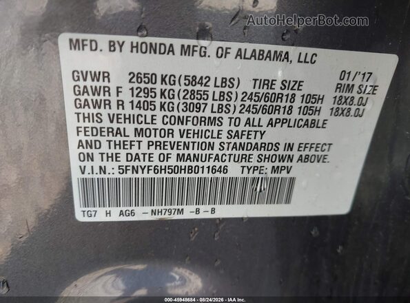 5FNYF6H50HB011646 2017 HONDA PILOT Серый Вид подкапотного пространства