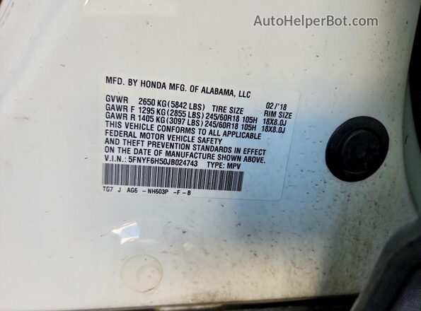 5FNYF6H50JB024743 2018 HONDA PILOT White VIN կոդի պիտակի տեսք