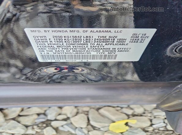 5FNYF6H51JB054785 2018 HONDA PILOT Black Widok naklejki z numerem VIN