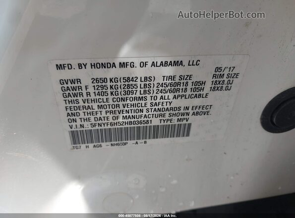 5FNYF6H52HB036581 2017 HONDA PILOT White Widok komory silnika