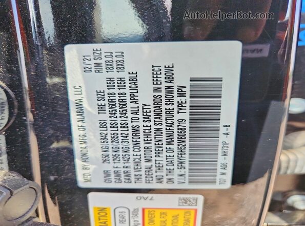 5FNYF6H52MB058719 2021 HONDA PILOT Black Widok naklejki z numerem VIN