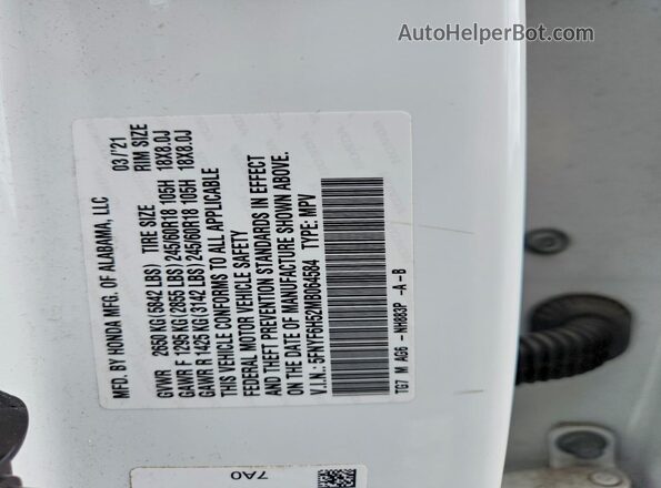 5FNYF6H52MB064584 2021 HONDA PILOT White Вид наклейки з VIN-кодом