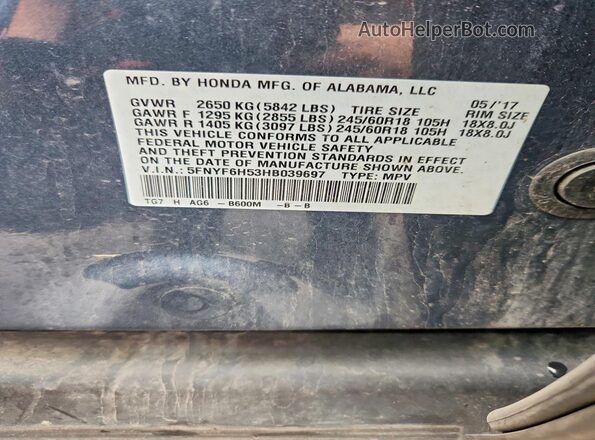 5FNYF6H53HB039697 2017 HONDA PILOT Синий Вид наклейки с VIN-кодом