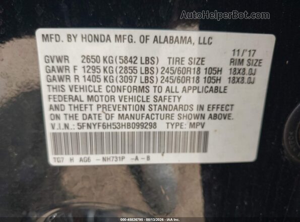 5FNYF6H53HB099298 2017 HONDA PILOT Black Widok komory silnika