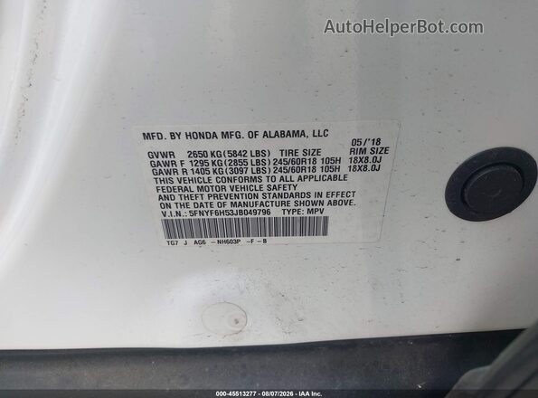 5FNYF6H53JB049796 2018 HONDA PILOT White ძრავის განყოფილების ხედი