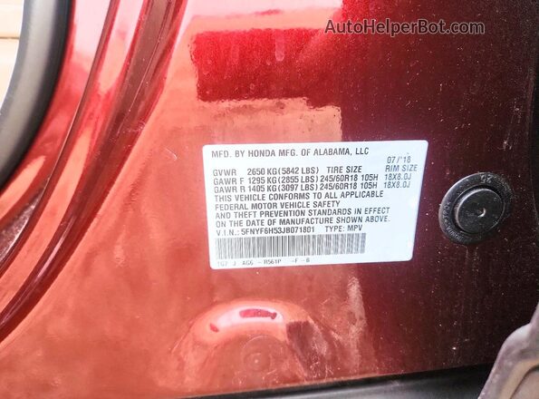 5FNYF6H53JB071801 2018 HONDA PILOT Maroon Вид підкапотного простору