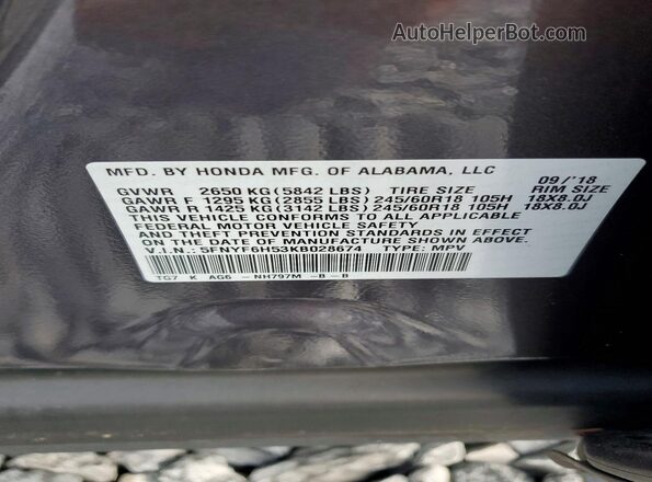 5FNYF6H53KB028674 2019 HONDA PILOT Gray VIN sticker view