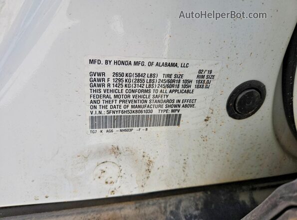 5FNYF6H53KB061030 2019 HONDA PILOT White Widok naklejki z numerem VIN