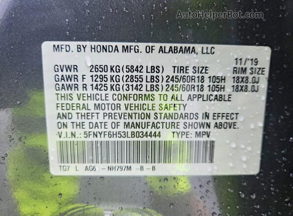 5FNYF6H53LB034444 2020 HONDA PILOT Gray Вид наклейки з VIN-кодом