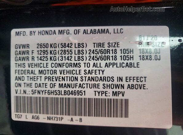 5FNYF6H53LB046951 2020 HONDA PILOT Black Vista de la etiqueta del VIN