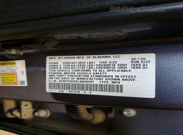 5FNYF6H53LB049297 2020 HONDA PILOT Gray VIN კოდის სტიკერის ხედი