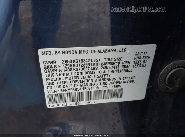 5FNYF6H54HB071106 2017 HONDA PILOT Blue Vista del compartimento del motor
