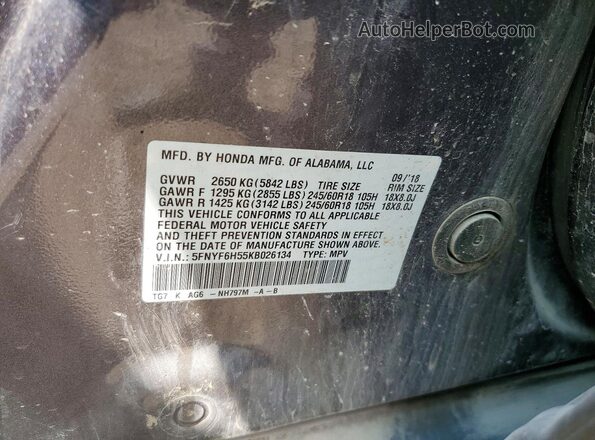 5FNYF6H55KB026134 2019 HONDA PILOT Gray Вид наклейки з VIN-кодом