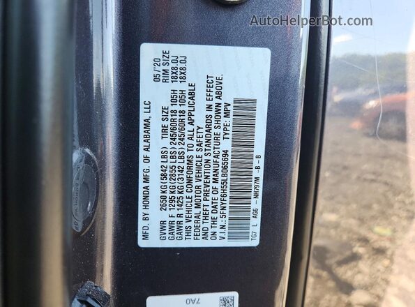 5FNYF6H55LB065694 2020 HONDA PILOT Gray VIN კოდის სტიკერის ხედი