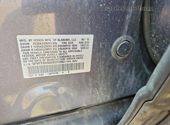 5FNYF6H56GB093283 2016 HONDA PILOT Silver VIN sticker view