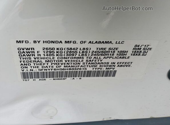 5FNYF6H56HB032615 2017 HONDA PILOT White Вид наклейки з VIN-кодом