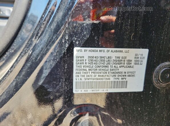5FNYF6H56KB072846 2019 HONDA PILOT Black Engine compartment view