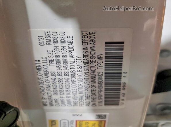 5FNYF6H56MB084823 2021 HONDA PILOT Белый Панорамный вид салона 360°