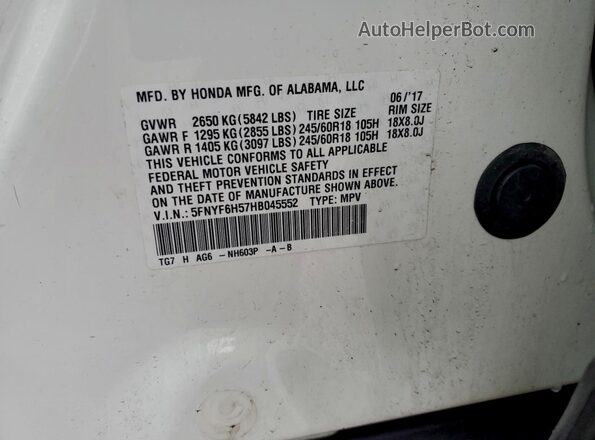 5FNYF6H57HB045552 2017 HONDA PILOT White VIN კოდის სტიკერის ხედი
