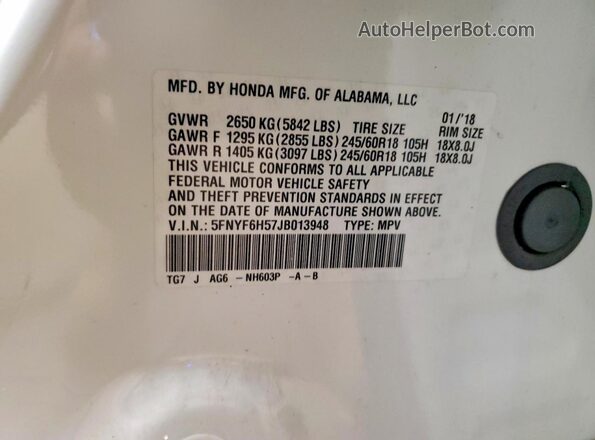 5FNYF6H57JB013948 2018 HONDA PILOT White Widok wnętrza 360 stopni