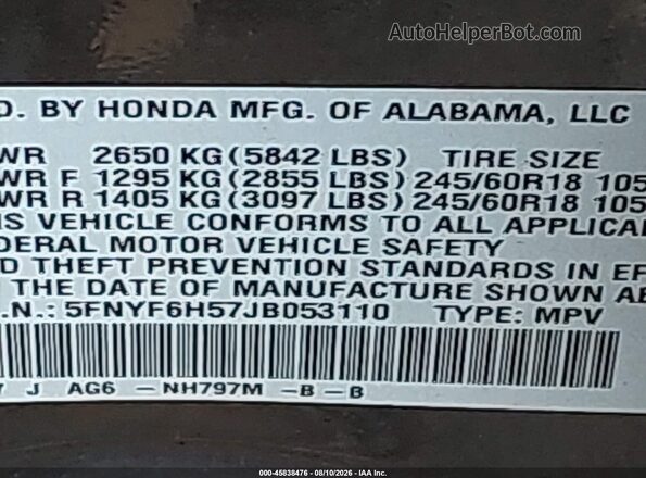 5FNYF6H57JB053110 2018 HONDA PILOT Gray Widok komory silnika