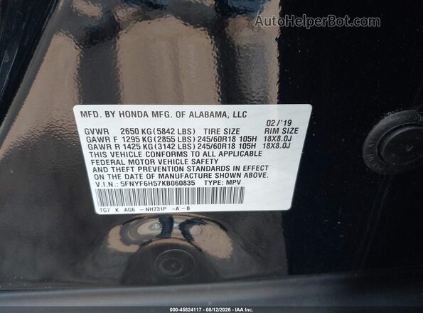 5FNYF6H57KB060835 2019 HONDA PILOT Black ძრავის განყოფილების ხედი