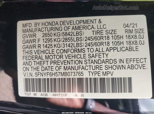 5FNYF6H57MB073765 2021 HONDA PILOT Black Widok komory silnika