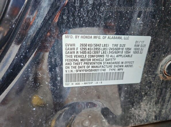 5FNYF6H58HB011748 2017 HONDA PILOT Black VIN კოდის სტიკერის ხედი