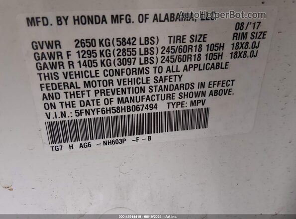 5FNYF6H58HB067494 2017 HONDA PILOT White Engine compartment view