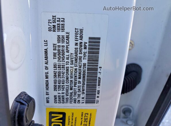 5FNYF6H58MB067280 2021 HONDA PILOT White VIN კოდის სტიკერის ხედი