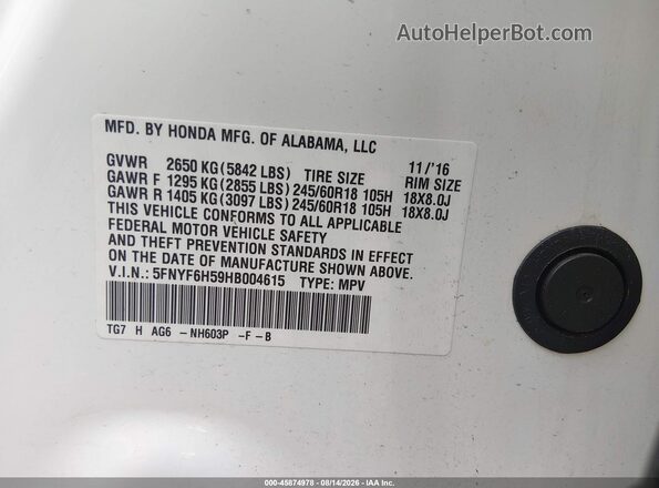 5FNYF6H59HB004615 2017 HONDA PILOT White Widok komory silnika