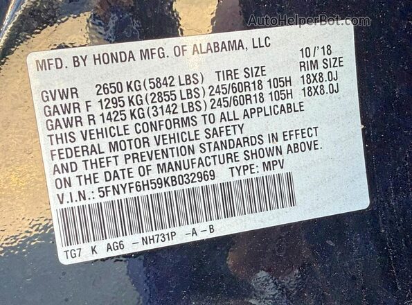 5FNYF6H59KB032969 2019 HONDA PILOT Black Շարժիչի բաժամունքի տեսք