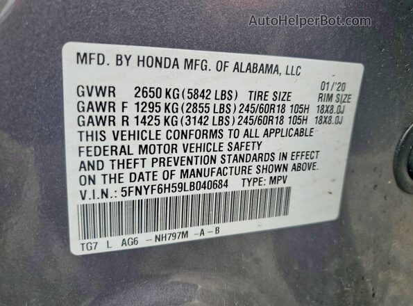 5FNYF6H59LB040684 2020 HONDA PILOT Gray VIN კოდის სტიკერის ხედი