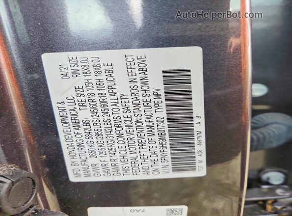 5FNYF6H59MB077302 2021 HONDA PILOT Gray Вид наклейки з VIN-кодом