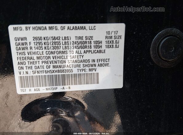 5FNYF6H5XHB083955 2017 HONDA PILOT Black Widok komory silnika