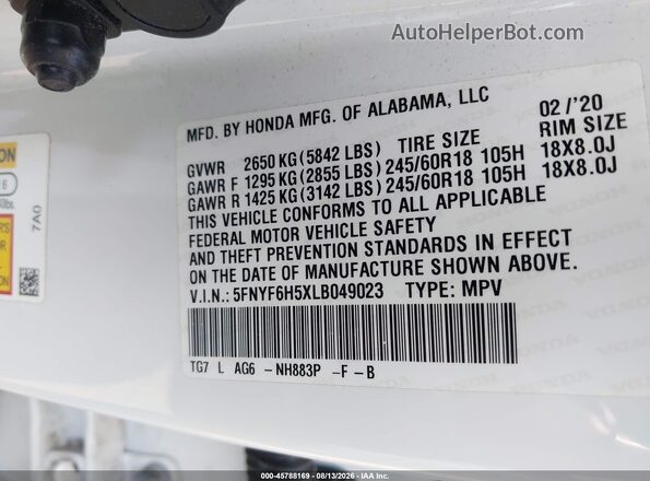 5FNYF6H5XLB049023 2020 HONDA PILOT White ძრავის განყოფილების ხედი