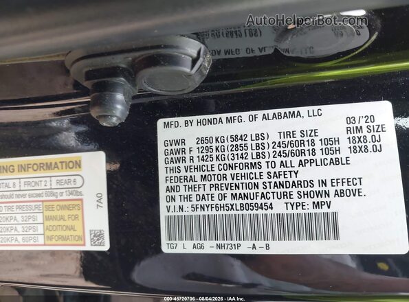5FNYF6H5XLB059454 2020 HONDA PILOT Black Շարժիչի բաժամունքի տեսք