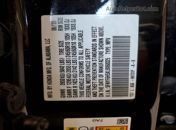 5FNYF6H5XLB068025 2020 HONDA PILOT Черный Панорамный вид салона 360°