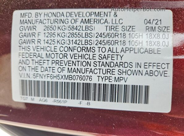 5FNYF6H5XMB076076 2021 HONDA PILOT Red Engine compartment view