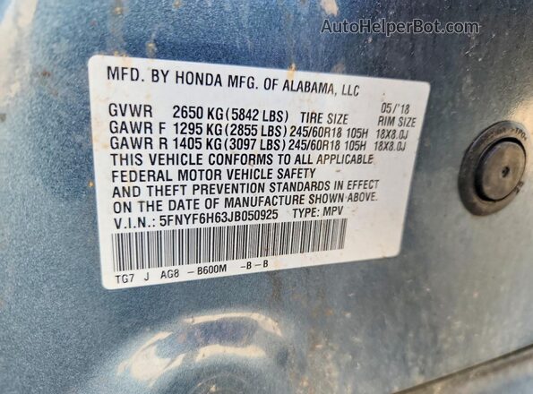 5FNYF6H63JB050925 2018 HONDA PILOT Blue Widok naklejki z numerem VIN