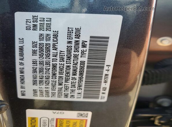 5FNYF6H64MB066300 2021 HONDA PILOT Gray Widok naklejki z numerem VIN