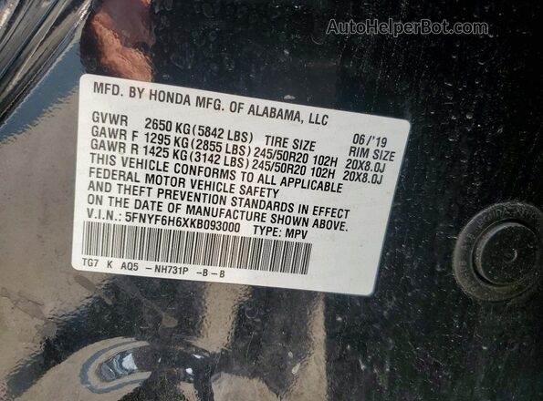5FNYF6H6XKB093000 2019 HONDA PILOT Black VIN კოდის სტიკერის ხედი