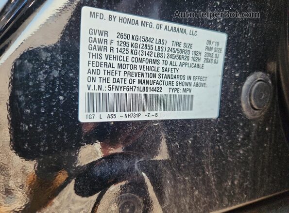 5FNYF6H71LB014422 2020 HONDA PILOT Black Widok naklejki z numerem VIN