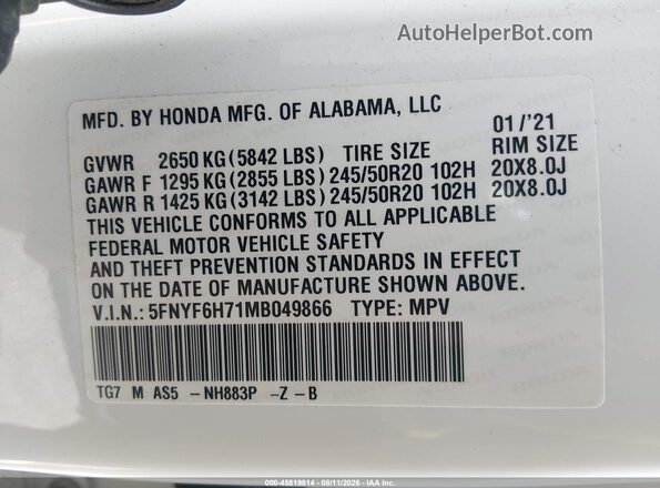 5FNYF6H71MB049866 2021 HONDA PILOT White ძრავის განყოფილების ხედი