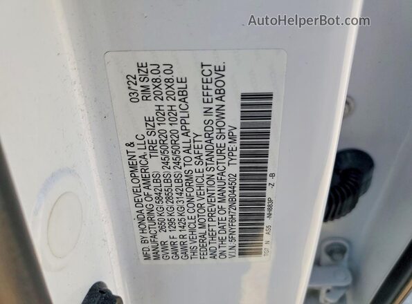 5FNYF6H72NB044502 2022 HONDA PILOT White Սալոնի 360 աստիճան տեսք