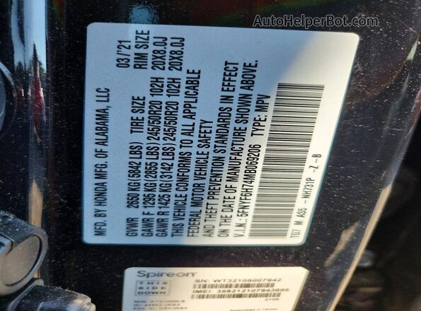 5FNYF6H74MB069206 2021 HONDA PILOT Black VIN კოდის სტიკერის ხედი