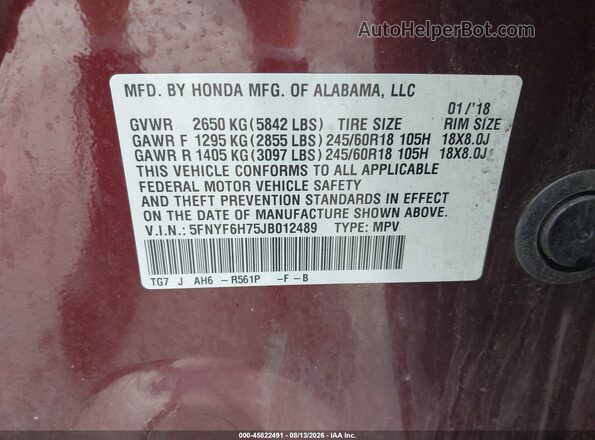 5FNYF6H75JB012489 2018 HONDA PILOT Maroon Շարժիչի բաժամունքի տեսք