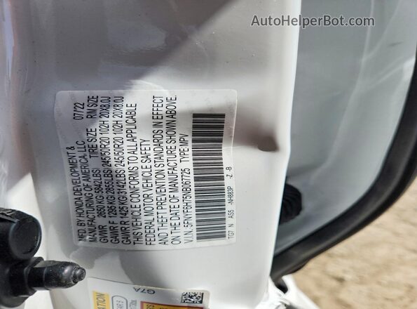 5FNYF6H75NB067725 2022 HONDA PILOT White Вид наклейки з VIN-кодом
