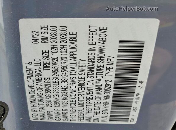 5FNYF6H76NB052912 2022 HONDA PILOT Blue Vista de la etiqueta del VIN